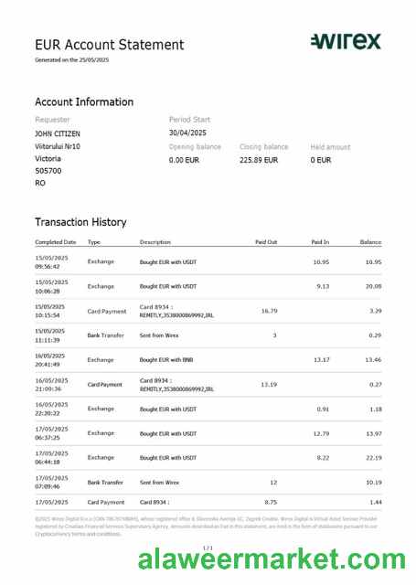 UK Wirex account statement Word and PDF template